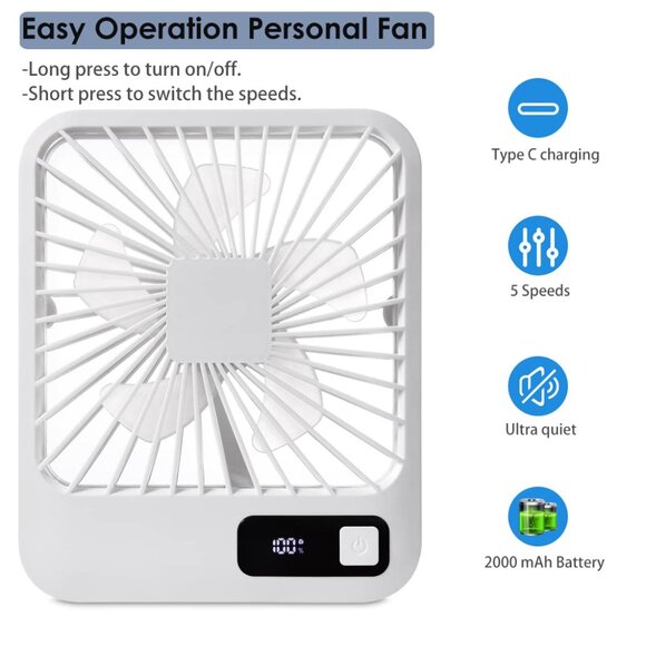 Portable Mini Desk Fan | USB Rechargeable, 5 Speeds, LCD Display, Quiet - Picture 8 of 11